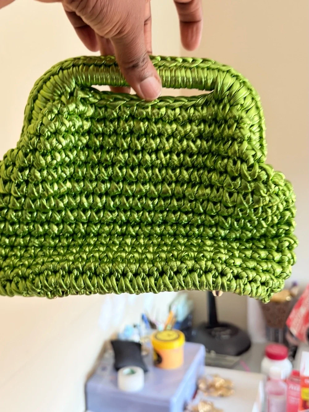 Green Woven Handbag — Women's Crochet Top-Handle Bag